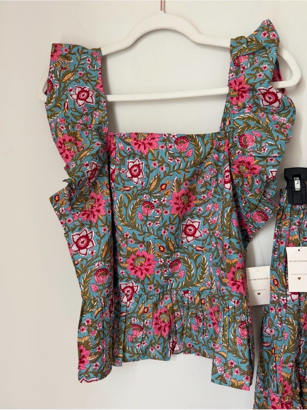 Floral Ruffle cotton tank Top & Maxi Skirt Set Pink & Green NWOT - Picture 3 of 3